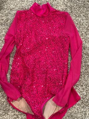 balera Hot Pink Sequin Dance Leotard with Mesh Sleeves